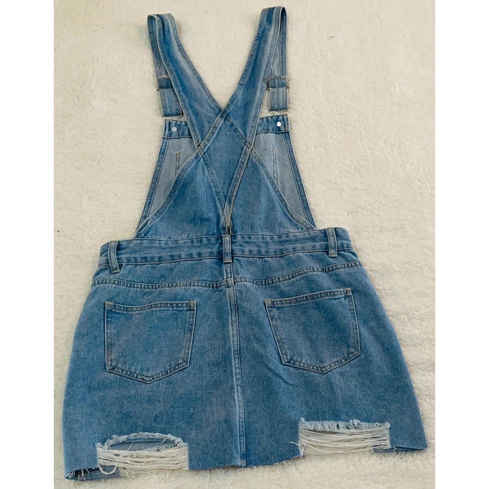 Distressed Denim Overall Skirt Light Wash Ripped Mini Pinafore Dress Medium - Picture 5 of 5